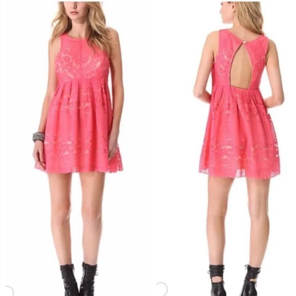 NWOT Free People Rocco Coral Pink Lace Babydoll Dress